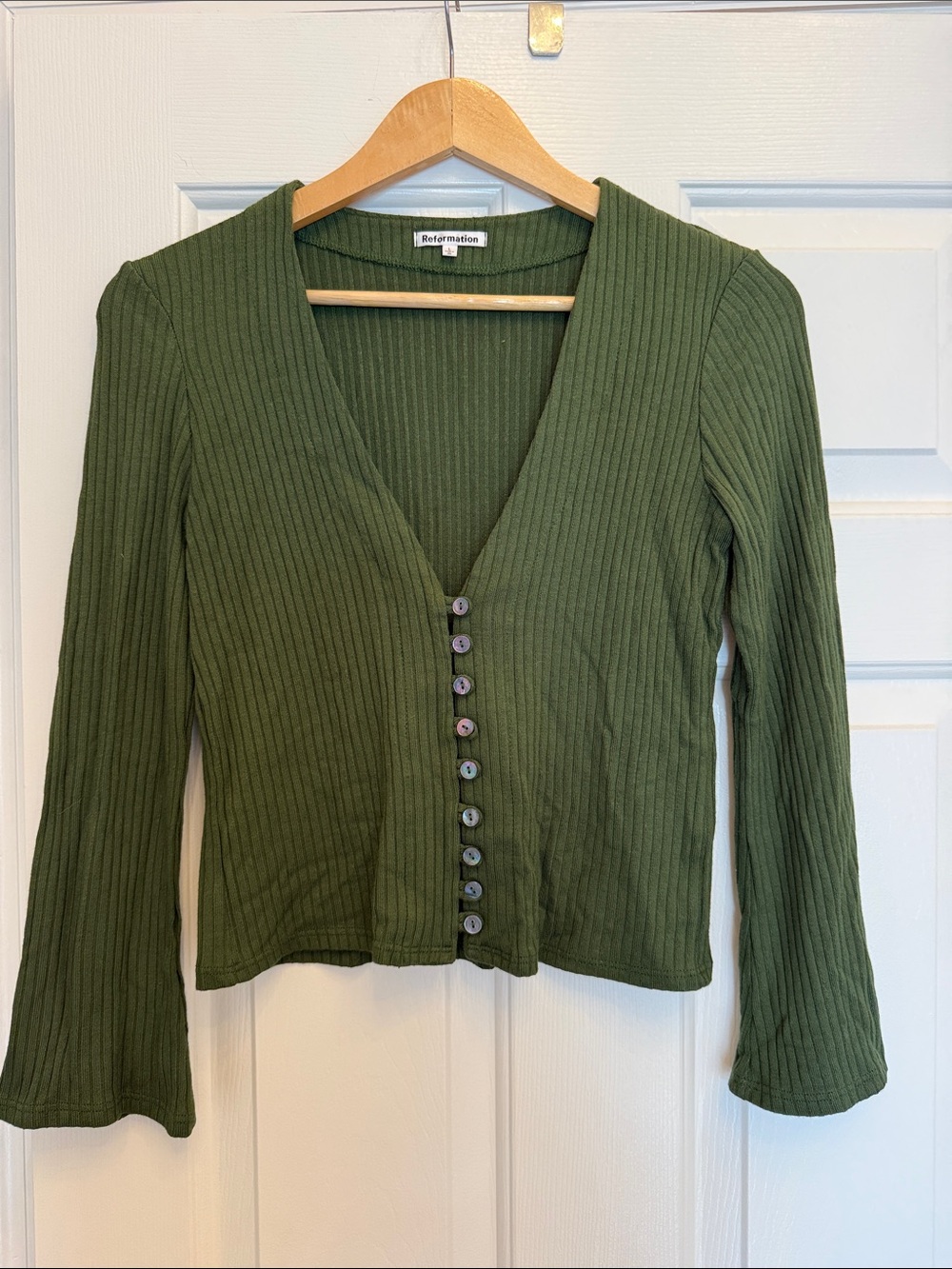 Reformation Olive Ribbed Button-Up V-Neck Long Sleeve Top